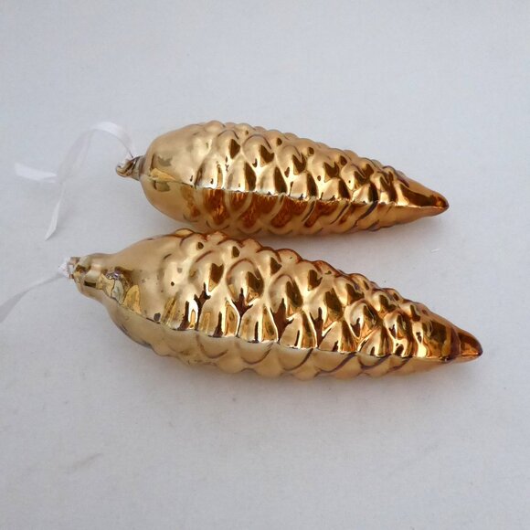 NEW 6.75” CHRISTMAS HAND BLOWN MERCURY GLASS GOLD PINECONE ORNAMENT SET - Picture 8 of 10